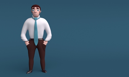 Young character businessman on blue background. 3d renderingの写真素材