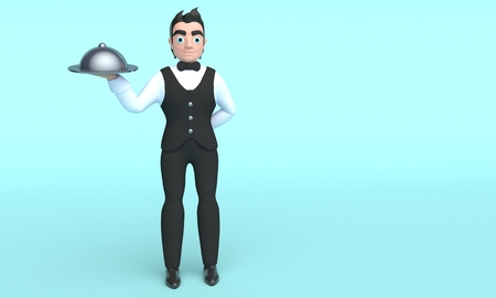Young character Waiter on blue background. 3d renderingの写真素材