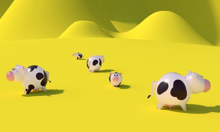 Herd of Cows on the background of green hills. 3d renderingの写真素材