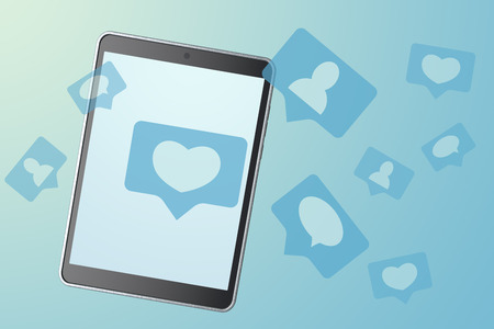 Social media marketing. Blue Likes, followers and message on screen. 3d rendering