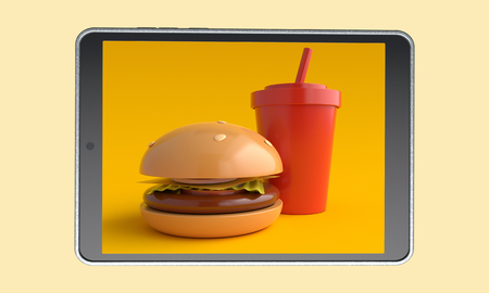 Order food online. Fast food on tablet. 3d renderingの写真素材