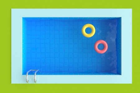 Top view. Summer time poster. Grass and Swimming pool with bright circles. 3d rendering