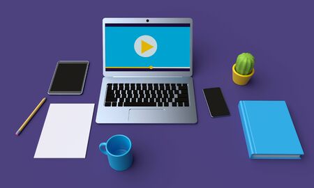 The concept of online education. Workplace student with a laptop. 3d renderingの写真素材