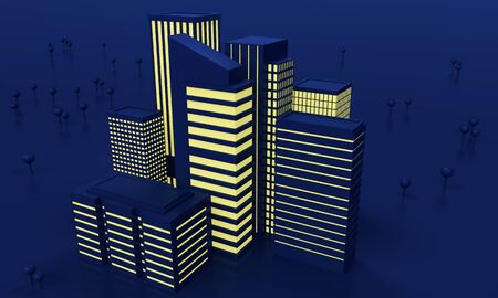 Night urban landscape with skyscrapers and trees. 3d renderingの写真素材
