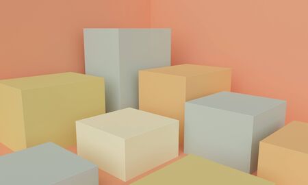 Geometric orange abstract background with colored cubes platforms. Minimalist backdrop design for...