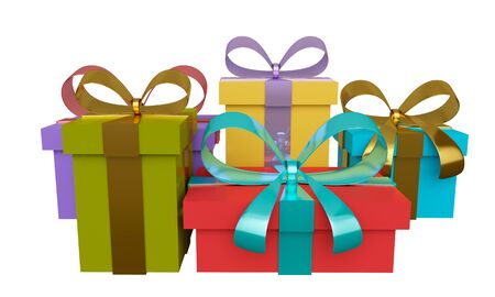 Group of colored gift boxes with ribbon and bow isolated on white background. 3d renderingの写真素材