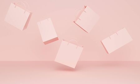 Pink abstract background with flying shopping bags. 3d renderingの写真素材