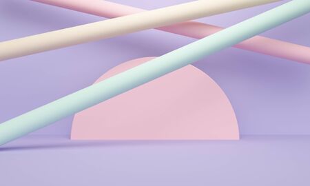Geometric lilac abstract background with colored cylinders. Minimalist backdrop design for product...