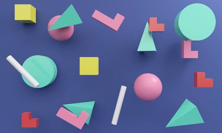 Abstract blue background with graphic bright elements sphere, cube and pyramid. 3d rendering