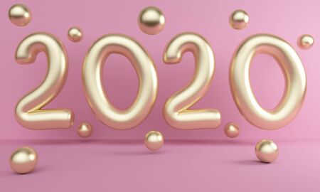Poster New Year 2020 with golden balloons. 3d renderingの写真素材