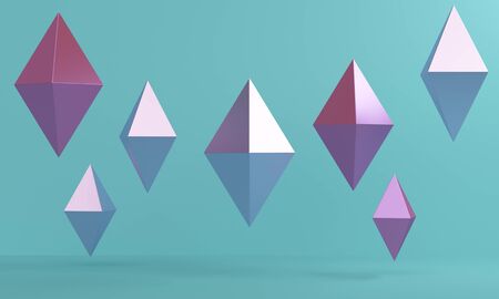 Blue abstract background with lilac flying rhombuses. Backdrop design for product promotion. 3d...