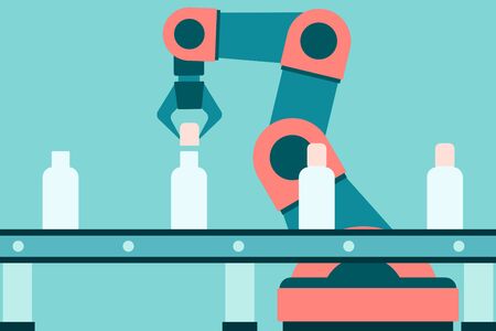 Automated cosmetics production line in a modern factory. Flat design. Vector illustrationのイラスト素材