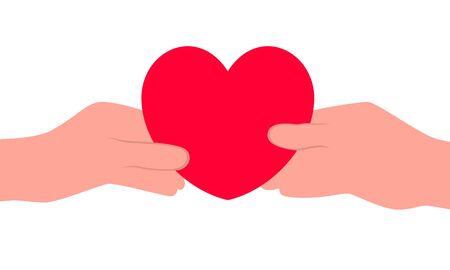Male and female hand hold a heart on a white background. Flat design. Vector illustrationのイラスト素材