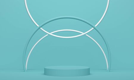 Geometric blue abstract background with a cylindrical podium and a silver arch. Backdrop design for product promotion. 3d renderingの写真素材
