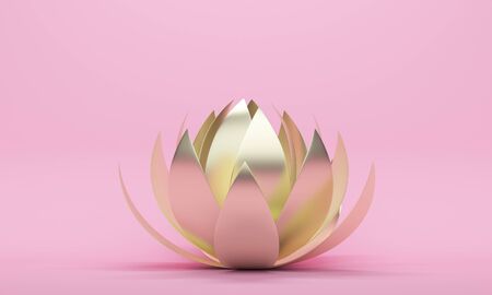Golden lotus flower on a pink background. Minimalist backdrop design for product promotion. 3d renderingの写真素材