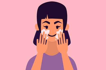 Young beautiful woman using cream for skin. Flat design. Vector illustrationのイラスト素材