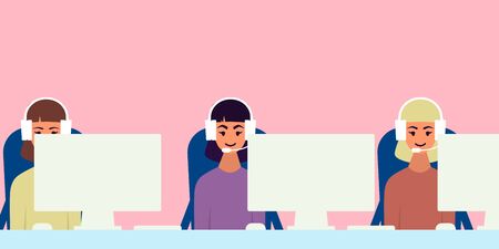 Team of call center workers in the office. Flat design. Vector illustrationの写真素材