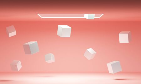 Pink abstract background with white cubes from the window. Backdrop design for product promotion. 3d renderingの写真素材