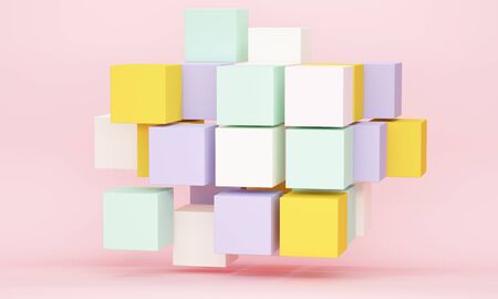 Abstract composition with colored flying cubes on a pink background. 3d renderingの写真素材