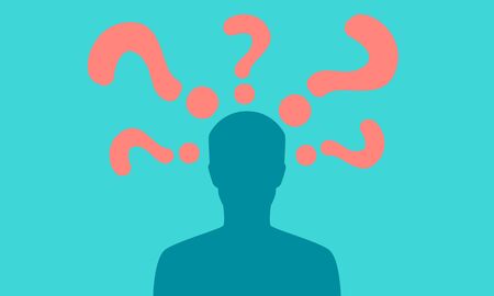 Silhouette of a man with a red question on a blue background. Flat design. Vector illustration