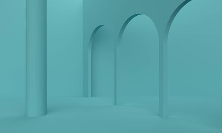 Blue abstract background with a row of arches and a column. Backdrop design for product promotion. 3d renderingの写真素材