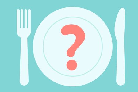 Food Choice Concept. Plate with red question, knife and fork. Flat design. Vector illustration