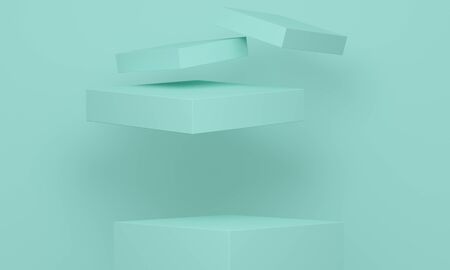 Geometric blue abstract background with rhombus platform and levitating figures. Minimalist backdrop...