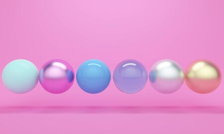 Abstract pink background with glass, metal and plastic ball. Backdrop design for product promotion. 3d renderingの写真素材