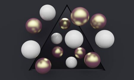 Abstract black background with a triangular window and flying spheres. Backdrop design for product promotion. 3d renderingの写真素材