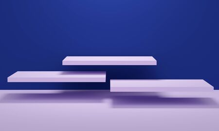 Rectangular lilac shelf on a blue background. Backdrop design for product promotion. 3d renderingの写真素材