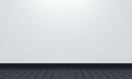 Empty white room with overhead lighting and black wooden floor. Backdrop design for product...