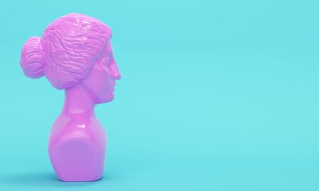 Lilac shiny antique statue of a female head on a blue background. Side view. Fashion concept. 3d renderingの写真素材