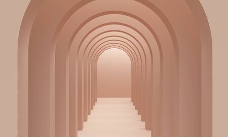 Brown corridor arch with overhead lighting. Backdrop design for product promotion. 3d renderingの写真素材