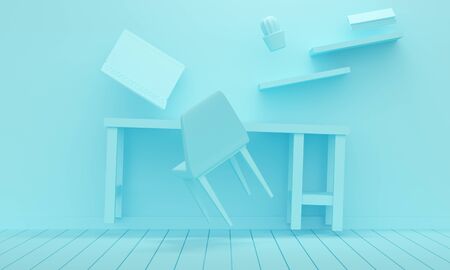 Blue interior with flying furniture. Home workplace. 3d rendering