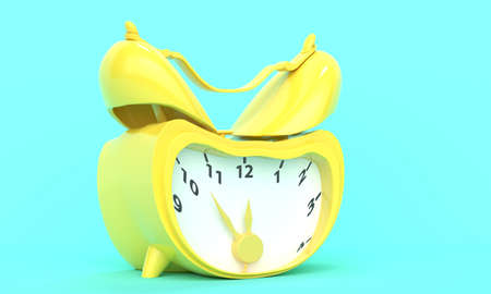 Classic vintage broken yellow alarm clock on a turquoise background. Concept time. 3d renderingの写真素材