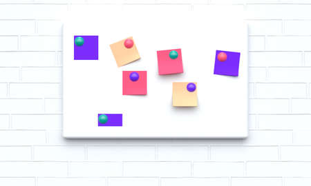 Mock up note board with magnets and colored paper on a white brick wall. Front view. 3d rendering