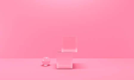 Pink abstract background with shiny glass cubes and sphere. Backdrop design for product promotion. 3d renderingの写真素材