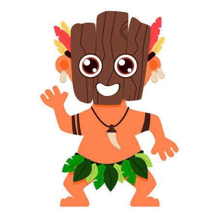 Aboriginal man in a wooden mask with green leaves. Flat design for postcard or t-shirt. Vector illustrationのイラスト素材