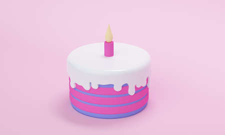 Lilac sweet cake with frosting and candle. Abstract background. 3d rendering