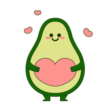 Cute avocado holding a pink heart isolated on white background. Flat design for poster or t-shirt. Vector illustrationのイラスト素材