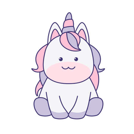 Kawaii unicorn sitting isolated on white background. Flat design for poster or t-shirt. Vector illustrationのイラスト素材
