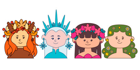 Set of portraits of women four seasons isolated on white background. Flat design for poster or t-shirt. Vector illustrationのイラスト素材