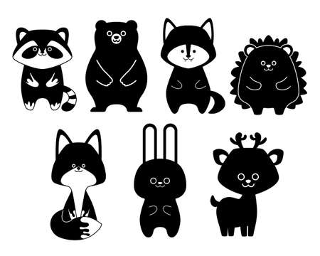 Black silhouette set of forest animals isolated on white background. Flat design for poster or t-shirt. Vector illustrationのイラスト素材
