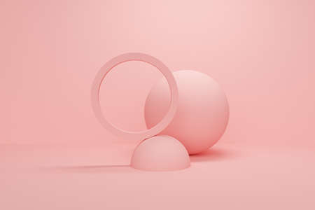 Pink abstract background with balls and ring. Backdrop design for product promotion. 3d rendering
