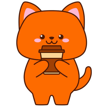 Cute red cat holding coffee isolated on a white background. Flat design for poster or t-shirt. Vector illustrationのイラスト素材