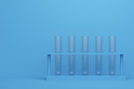 Medical test tubes in a stand on a blue background. Backdrop design for product promotion. 3d...
