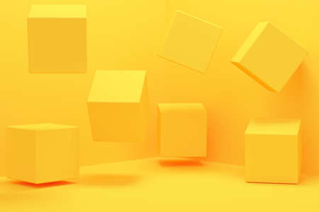 The cube levitates in the corner of the yellow room. 3d renderingの写真素材
