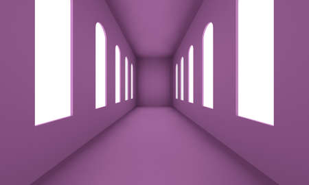 Lilac corridor with large windows and bright lights. 3d rendering