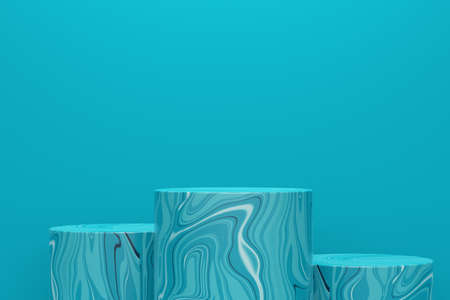 Marble cylindrical podium on blue background. 3d rendering