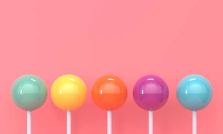 Shiny sweet multicolored lollipops with stick on pink background. 3d renderingの写真素材